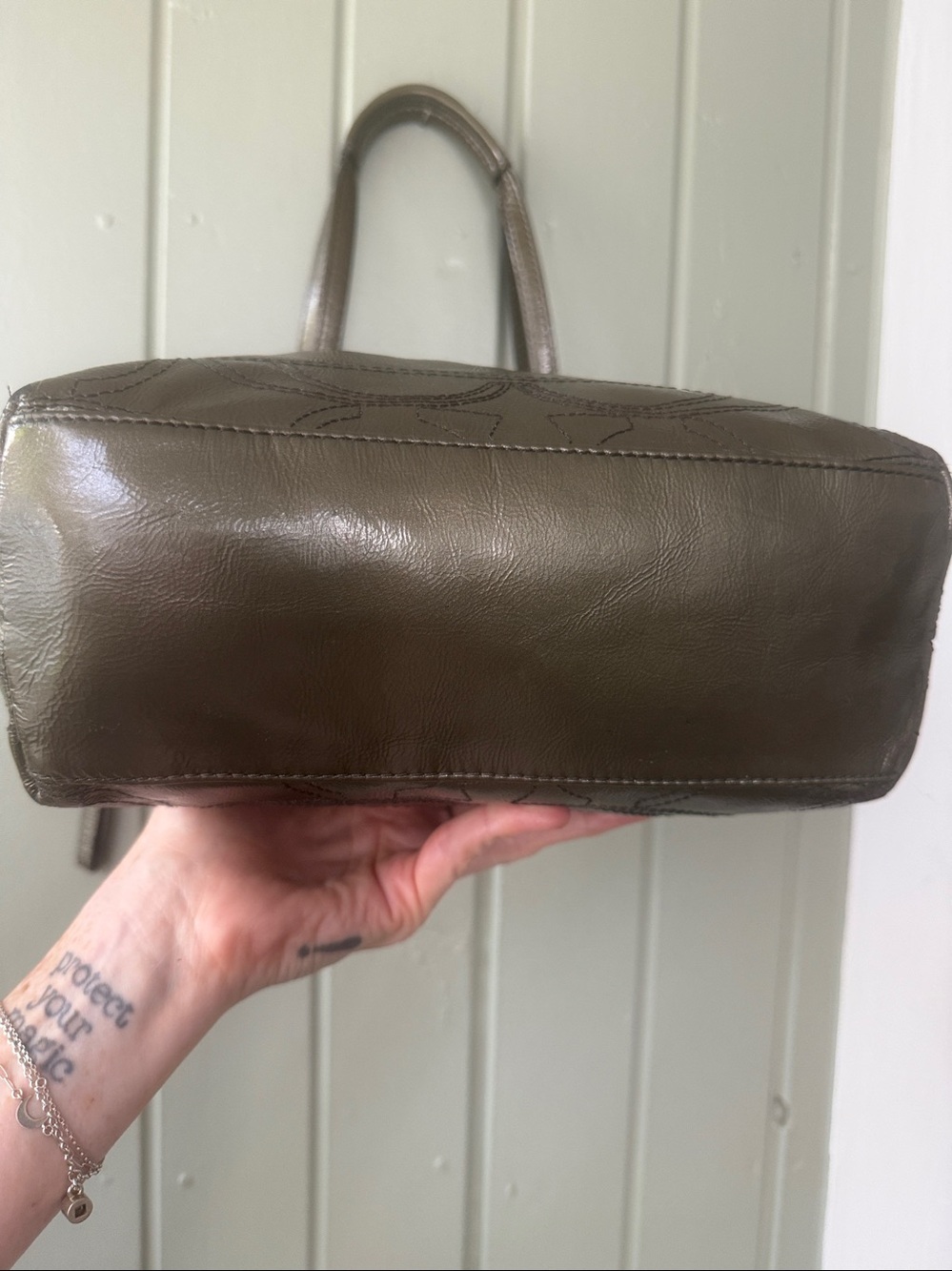 COACH Parker Metallic Leather Tote Olive Bronze Silver Hardware Blue Satin Bag - Picture 6 of 13